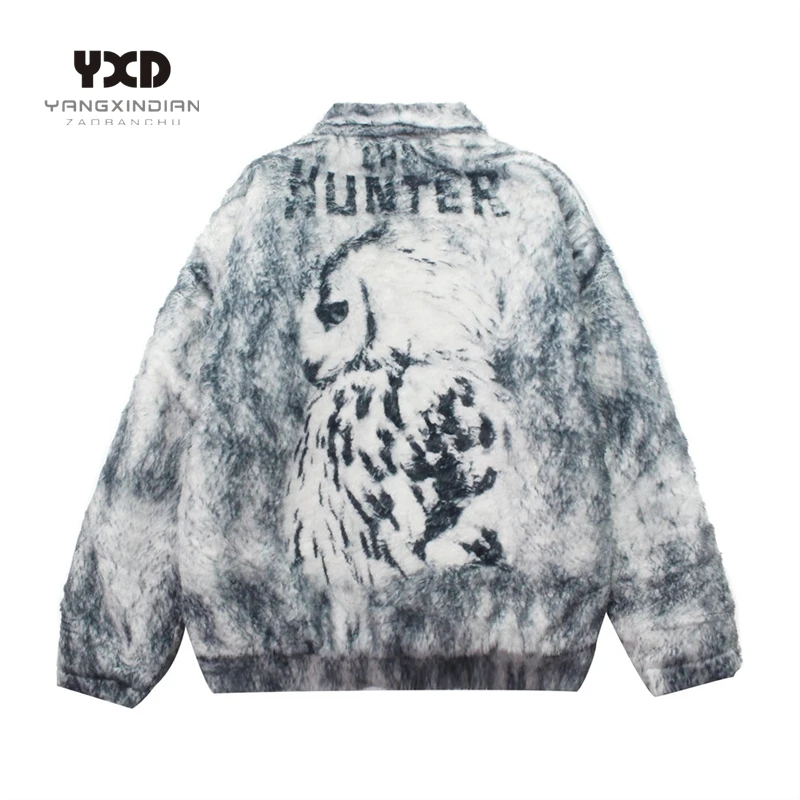 Men's Clothing Mans Warm Winter Coat Man Owl Print Tie Dye Plush Jacket for Men New Streetwear Fashion Loose Lapel Faux Fur Male |