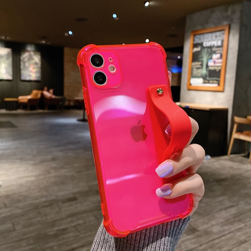 thumbnail image 1 of Soft Wrist Strap Phone Case For iPhone 11 12 13 14 Pro Max X XR Xs Max 7 8 Plus SE 2020 Mini Kickstand Transparent Bumper Cover, 1 of 5