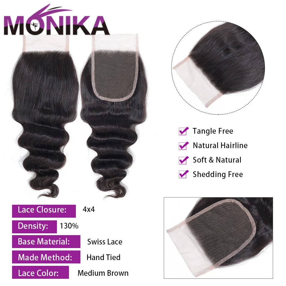 Monika 4x4 бразильский закрытие свободные глубокие синтетические волосы волнистые человеческие синтетические волосы Средний коричневый швейцарская шнуровка не remy натуральный волос