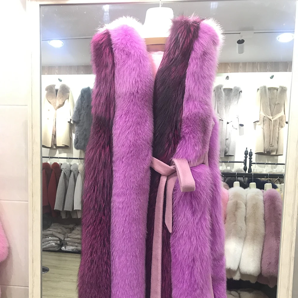 Purplish red Maomaokong жилет из натурального Лисьего меха женская шуба из лисьего меха Новая мода роскошная женская теплая меховая куртка толстое длинное пальто размера плюс - Цвет: Purplish red