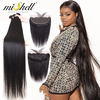 

Mishell 30 32 34 40 Inch Straight Malaysian Hair Weave Bundles With Frontal Human Hair Bundles With Closure Remy Hair Extension