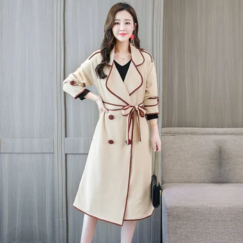 

Korean Version of the Lacing Women's Windbreaker Long Lapel Vintage Female Trench Coat Double Breasted Solid Color Jacket