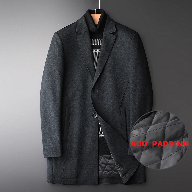 

Winter Wool Luxury Mid Long Add Padding Thick Mens Coats And Jackets Fashion New Business Casual Trench Coat Men