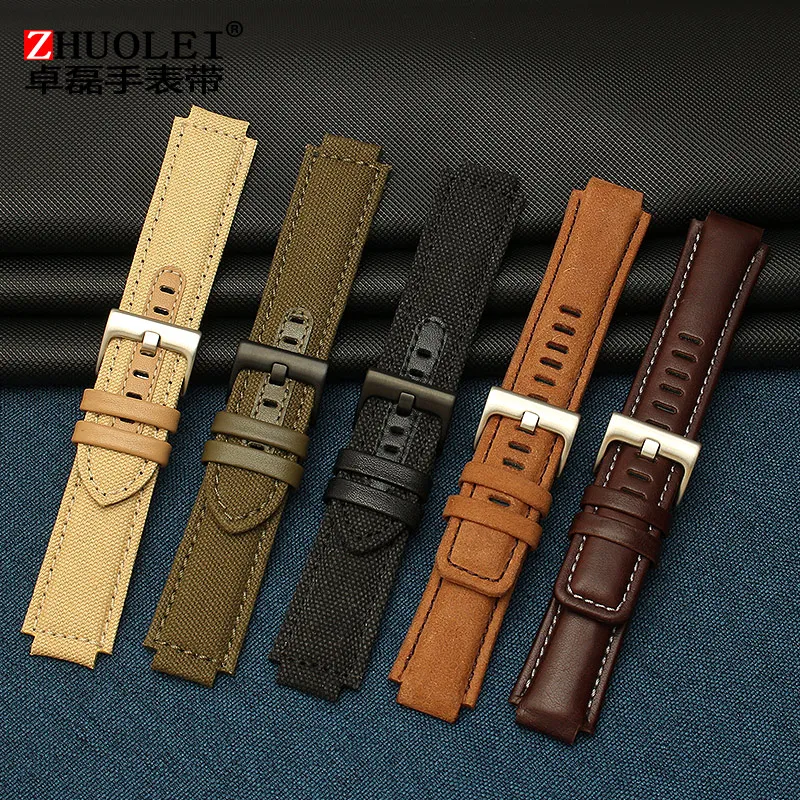 Premium Genuine Leather Watch Strap with Canvas Accents - Men's Convex Mouth Design