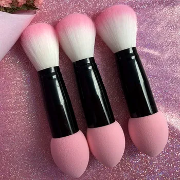 

Professional blusher brush 2 heads Nylon Make up Brushes Two Head Metal Cosmetic Tools with Sponge Pink Color