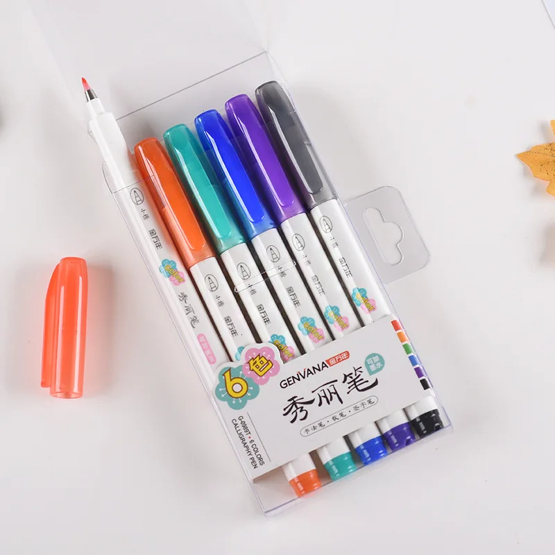 

6 Colors Calligraphy Pen Set Soft-tip Writing Pens Signature Pen Multifunction Markers Office School Stationery Student Supplies