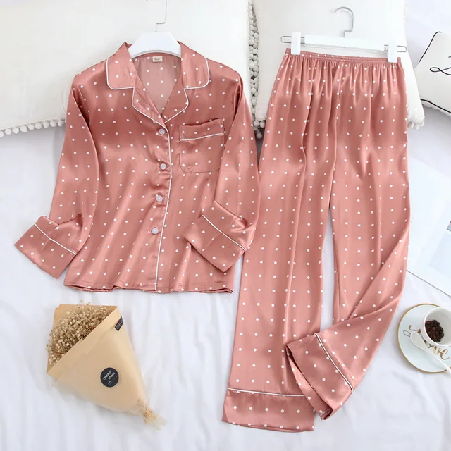 Lisacmvpnel Long Sleeve Pajamas Autumn Ice Silk Long Sleeve Trousers Suit Printing Fashion Pyjamas Set pink dot