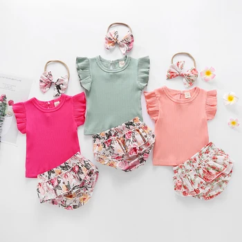 

Newborn Baby Girl Clothes Fly Sleeve Solid Color Romper Tops Flower Print Ruffle Short Pants Headband 3Pcs Outfits Set