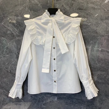 

2020 Early Autumn New Women's Neckline Lace-up Knot Decoration Solid Color Bell Sleeve All-match Shirt 817