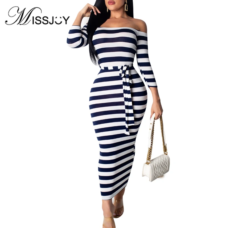 MISSJOY, повседневные женские платья в полоску с открытыми плечами, 3/4 рукава, в полоску, сексуальное облегающее платье, на бедрах, элегантное, осень, женское платье миди