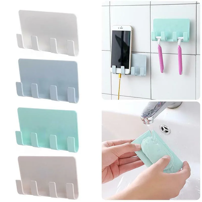

Newly Multi-function Wall-mounted 4 Hooks Storage Rack Phone Support Razor Charger Bathroom Hanging Holder