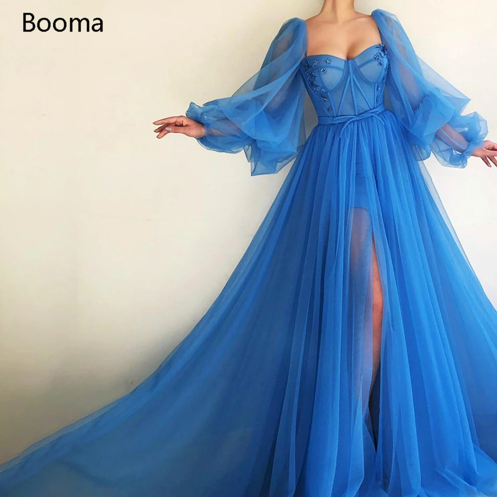 

Booma Simple Blue Prom Dresses Long Puff Sleeves Exposed Boning Illusion Evening Dresses High Slit Tulle A-Line Formal Gowns