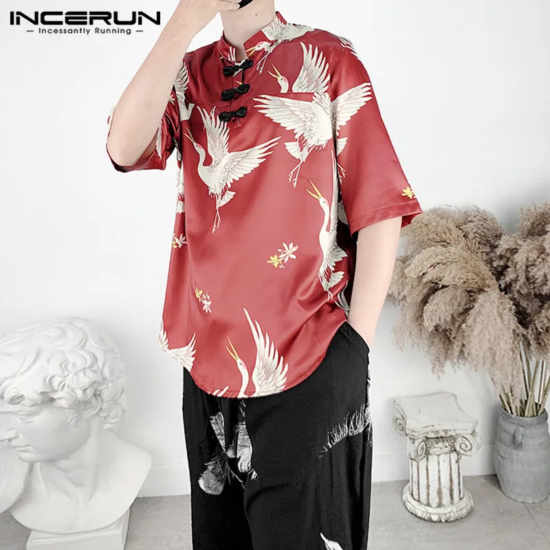 Men's Summer Retro Shirts Chinese Crane Print Half Sleeve Shirt Man Casual Buckle Vintage Tops Male Stylish Stand Collar Blouse