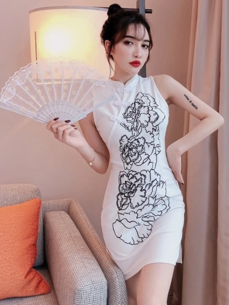 Китайское женское платье cheongsam Сексуальное цветочное Хлопковое платье без рукавов костюм tang улучшенное Ципао Элегантное короткое платье