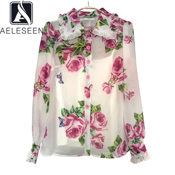 

AELESEEN Runway Fashion Women Blouse Spring Summer Rose Print Office Ladies Party Holiday 2020 High Quality Blouse Shirts