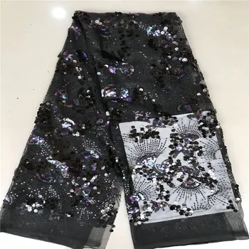 

2019 African Net Lace Fabric, High Quality Elegant black Sequins Nigerian Wedding Lace Fabrics 5Yards Sequins French Tulle lace