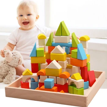 

24-74 PCS Early Educational Toy Wood Building Blocks Rainbow Blocks Natural Craft Toys Learning Toys for Children
