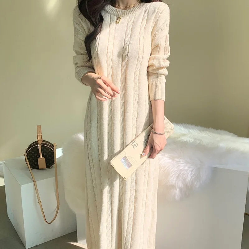 Autumn And Winter Chic New Women's Round Neck Twist Knit Mid-Length Sweater Long Dress