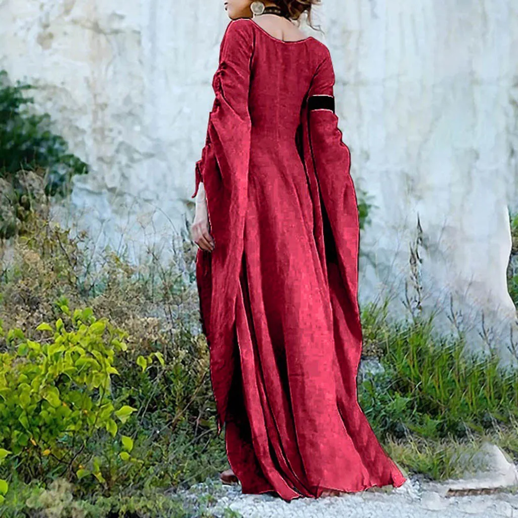 Очаровательный Для женщин платья на осень и зиму средневековая готика Ретро Женская одежда одноцветные Бальные платья с длинным рукавом платье макси-длины de verano