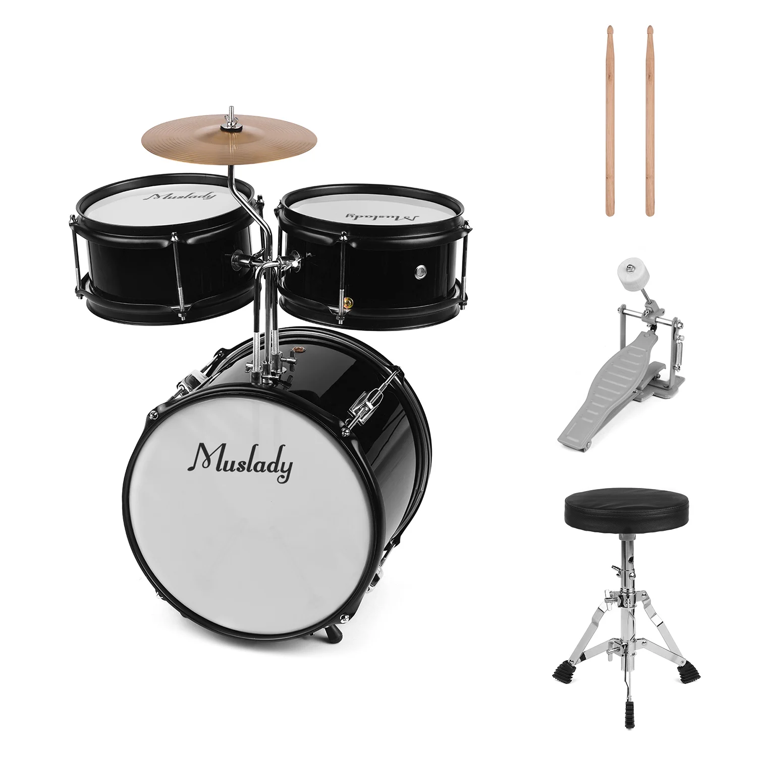 Muslady 3-pieces Drum Kit Дети Junior Drum Set ударный музыкальный инструмент с тарелки барабанные палочки регулируемый стул
