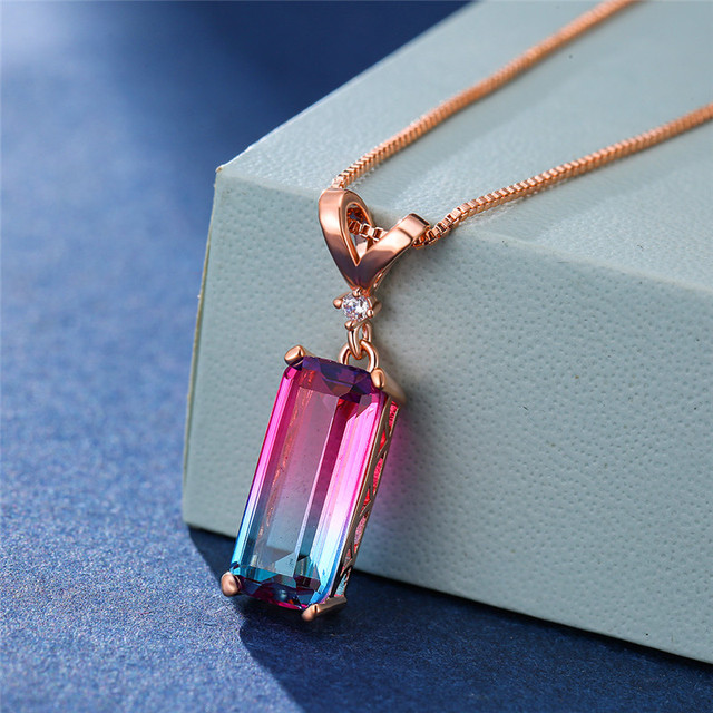 Female Blue Green Rainbow Stone Necklace Square Gemoetric Pendant Necklace Rose Gold Color Wedding Necklaces For Women