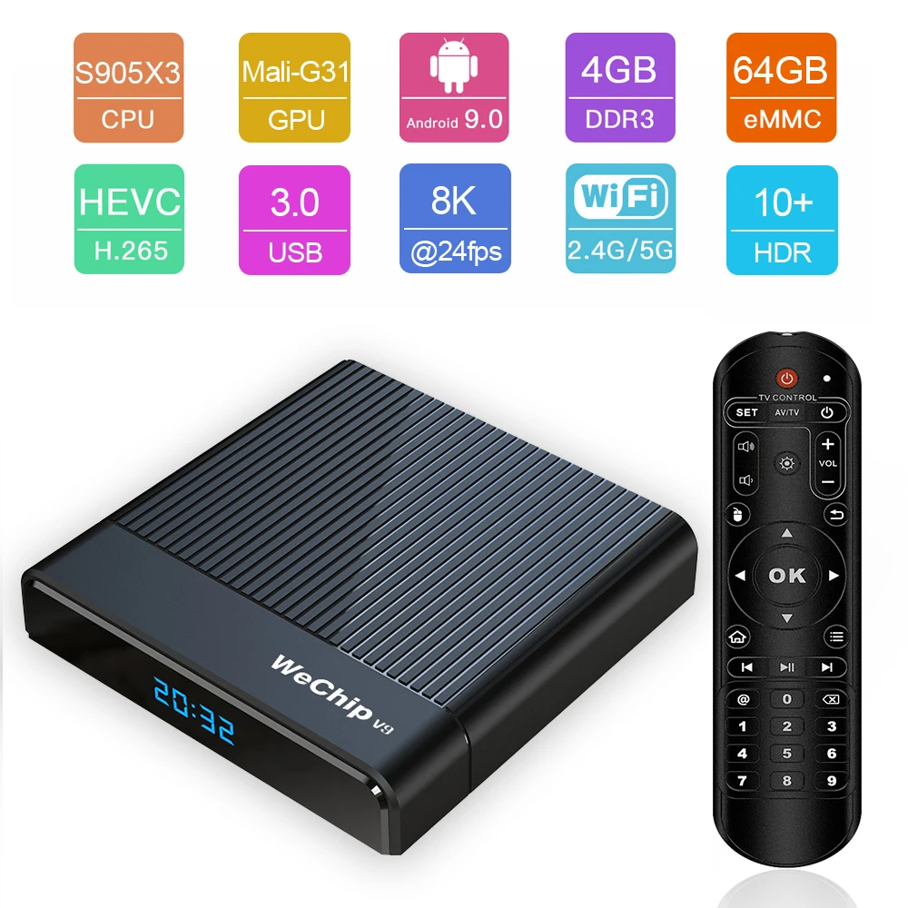 10PCS Wechip V9 Android 9.0 TV BOX Amlogic S905X3 DDR3 4GB RMB 2.4G/5G Wifi Bluetooth 4.0 Set Top Box Smart Media Player