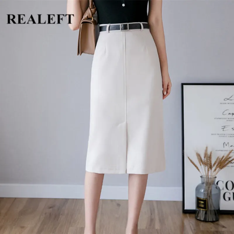 

REALEFT Spring 2021 New Korean OL Style Wrap Skirts Solid A-Line Midi Skirts Front Split Sexy Sheath Skirts Belt Office Lady