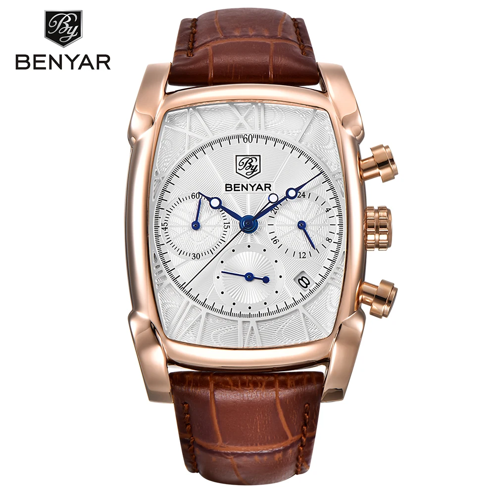gold wristwatch BENYAR, модные спортивные мужские часы с хронографом, водонепроницаемые, 30 м, ремешок из натуральной кожи, роскошный классический прямоугольный чехол, кварцевые часы - Цвет: gold wristwatch