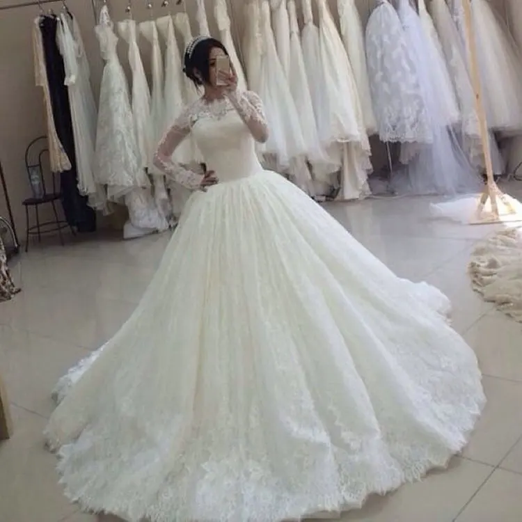 Французский стиль, длинный рукав, robe de mariee, круглый вырез, покрытый, vestido de noiva,, кружевное бальное свадебное платье, платья для матери невесты