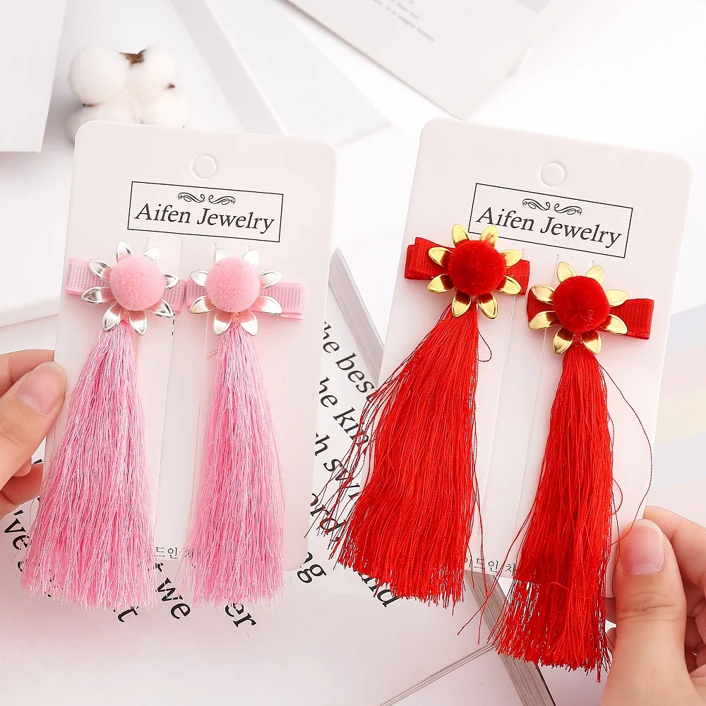 Fluffy Hair Ball Dangle Headwear for Girl Daughter Red Lucky Long Tassel Sun Flower Child Drop Hairwear Happy New Year Gift