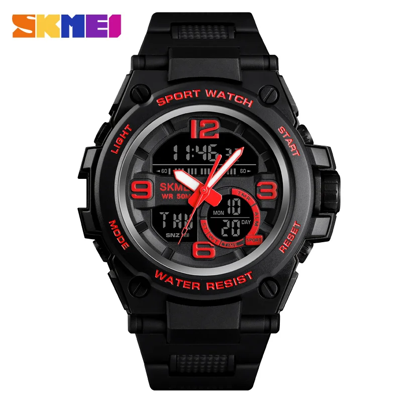 SKMEI Дайвинг часы мужские спортивные 5 бар водонепроницаемые мужские наручные часы двойной дисплей цифровой PU ремешок кварцевые часы двойной дисплей часы час - Цвет: Red watch