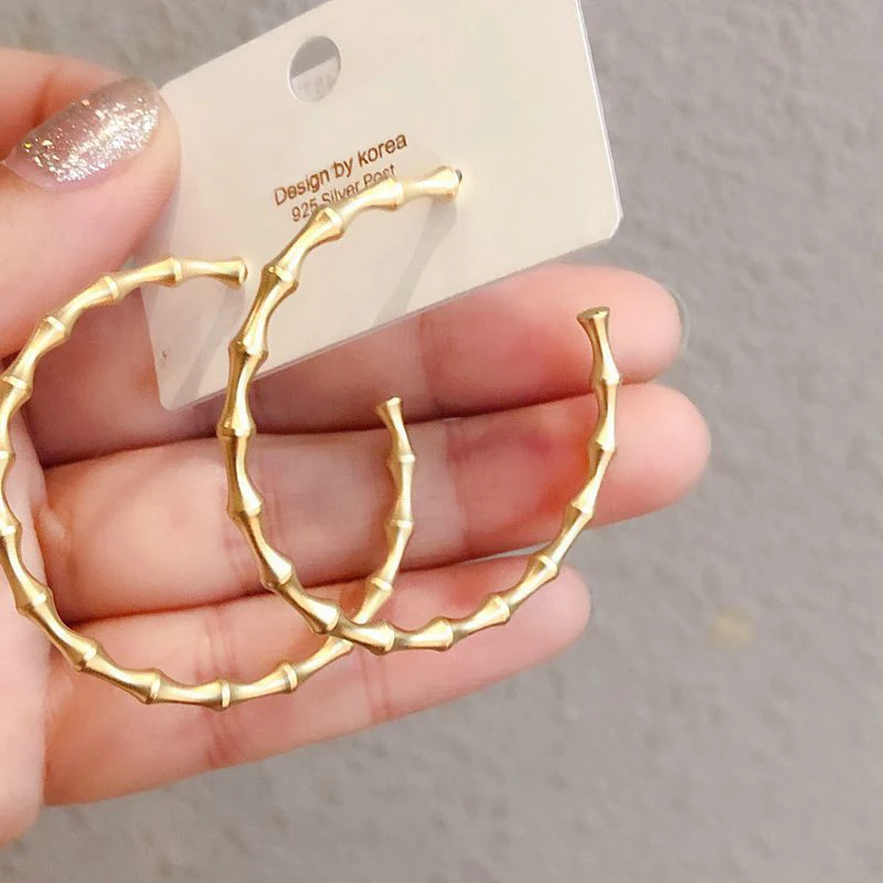 925 Sterling Silver Bamboo Matte Gold Color Large Hoop Earrings for Women Party Jewelry Best Friend Gift Wholesale S-E1252 | Украшения и