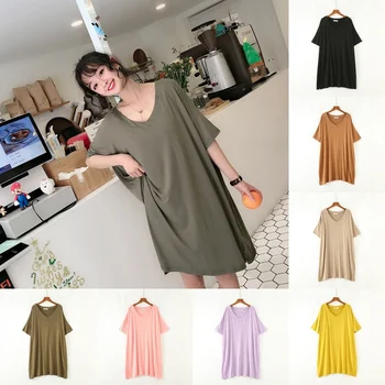 

Loose Nightdress Modal Nightdress Split Fork V-neck Plus Fat Large Size Half-sleeved Dress