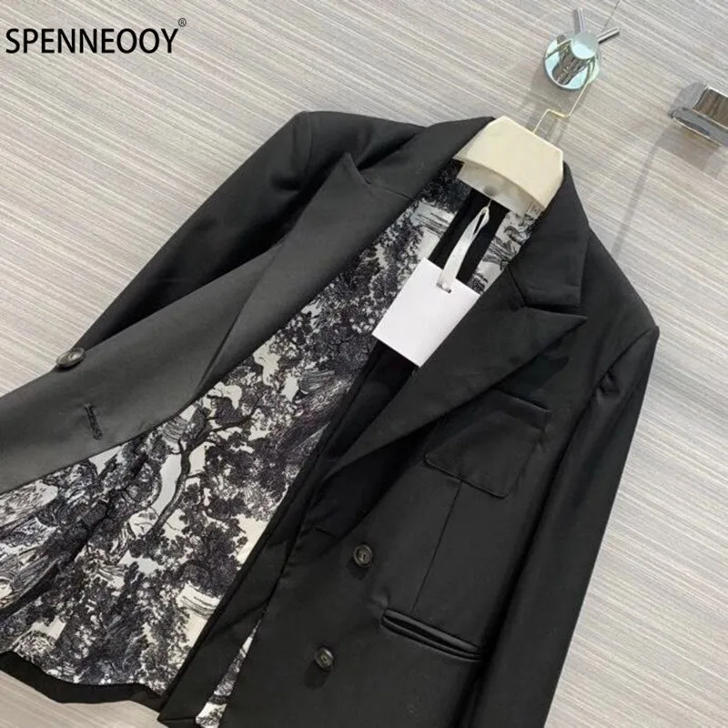 SPENNEOOY Designer Brand Autumn Forest Animal Lining Print Double breasted Fashion Office Lady Black Blazer Outwear Women Coat