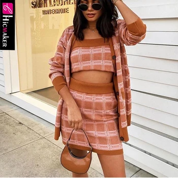 

Women Three Piece Sets Cardigan Knitted Long Sleeve Sweater & Spaghetti Strap & High Waist Bodycon Skirt