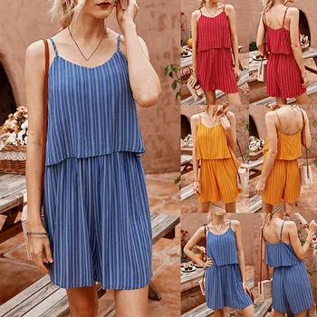 

Summer Sexy V-Neck Sleeveless Straps Short Jumpsuit Striped Suspenders Women's Jumpsuit