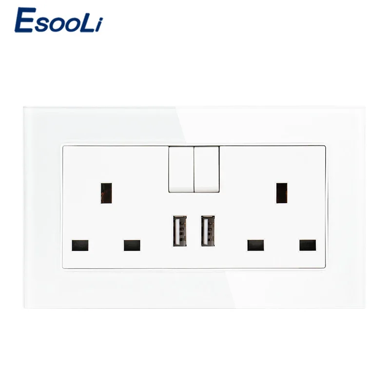White Socket Esooli стеклянная панель 13A двойной Великобритания Стандартный отвод переключается с 2.1A двойной USB зарядное устройство Порт быстрое зарядное устройство порты настенная розетка - Тип: White Socket