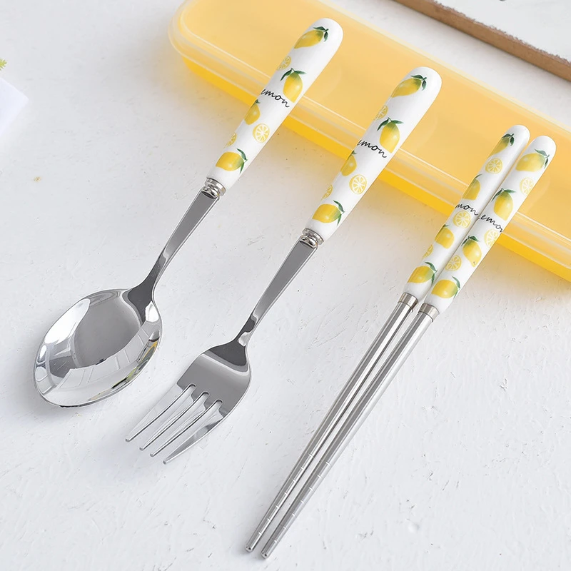 

3Pcs Ceramic Cutlery Set Portable Cutlery Box Japan Ceramic Handle Travel Spoon Fork Dinnerware Set Kitchen Chopsticks Tableware