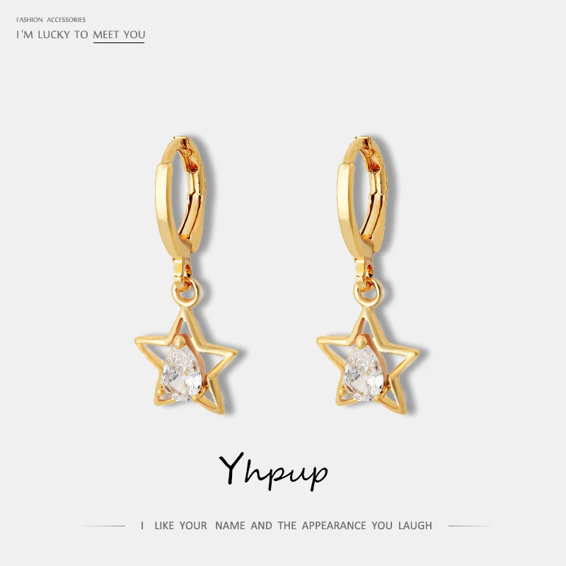 

Yhpup Popular Korean Hollow Star Geometric Zircon Dangle Earrings Copper 16 k Statement Charm Earrings Brincos for Female Party