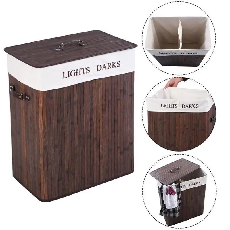 

Double Bamboo Folding Basket With Cover Dark Brown Can Be Placed In The Organize Dirty Clothes Living Room Bathroom Bedroom