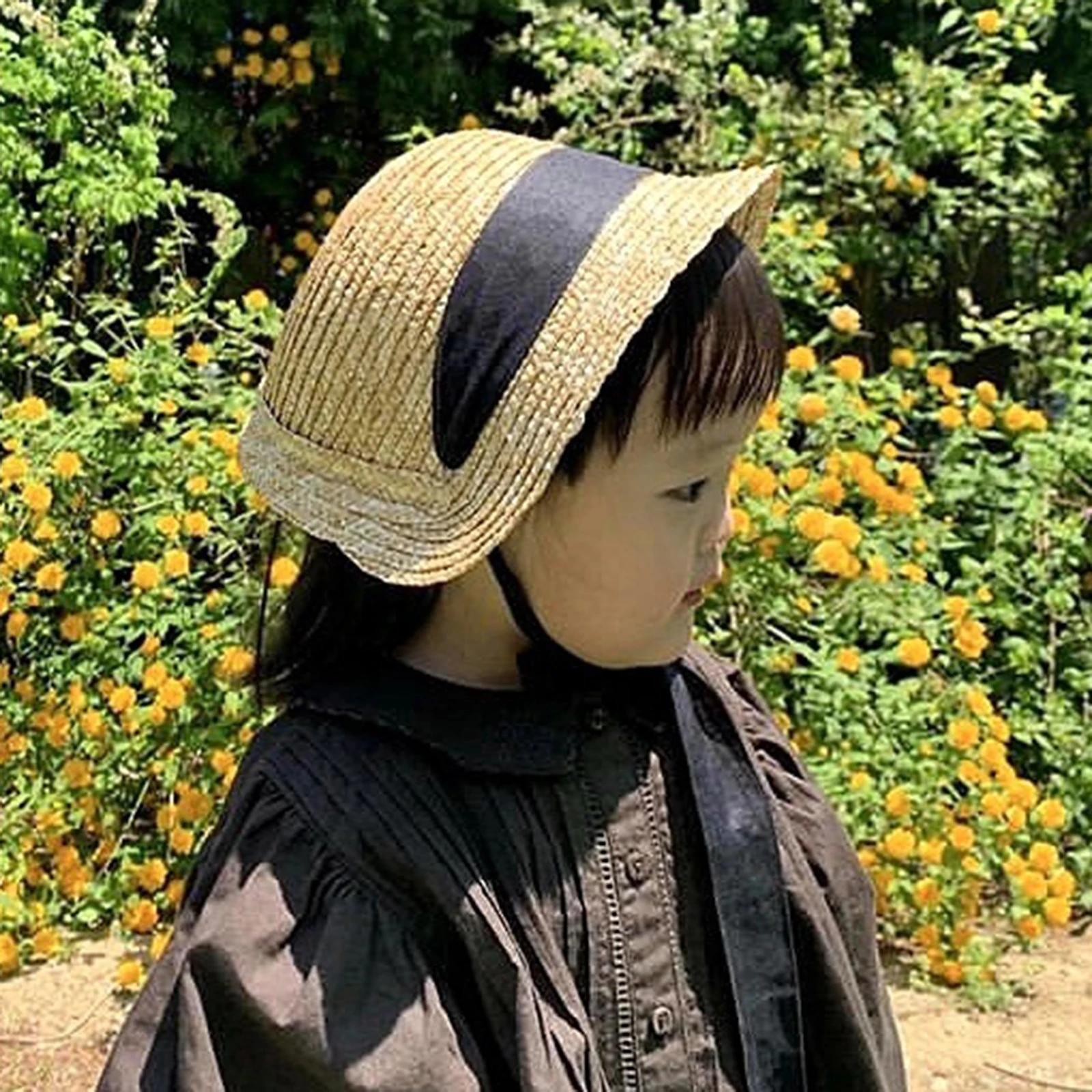 Kids Straw Bucket Hat Cute Baseball Hat Sun Protection Fisherman Cap Wide Brim for Children Girls Boys