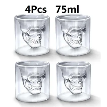 

75ML Double Layers Shot Transparent Crystal Skull Head Glass Tea Cup For Whiskey Wine Vodka Bar Club Beer Wine Glasses Gift Set