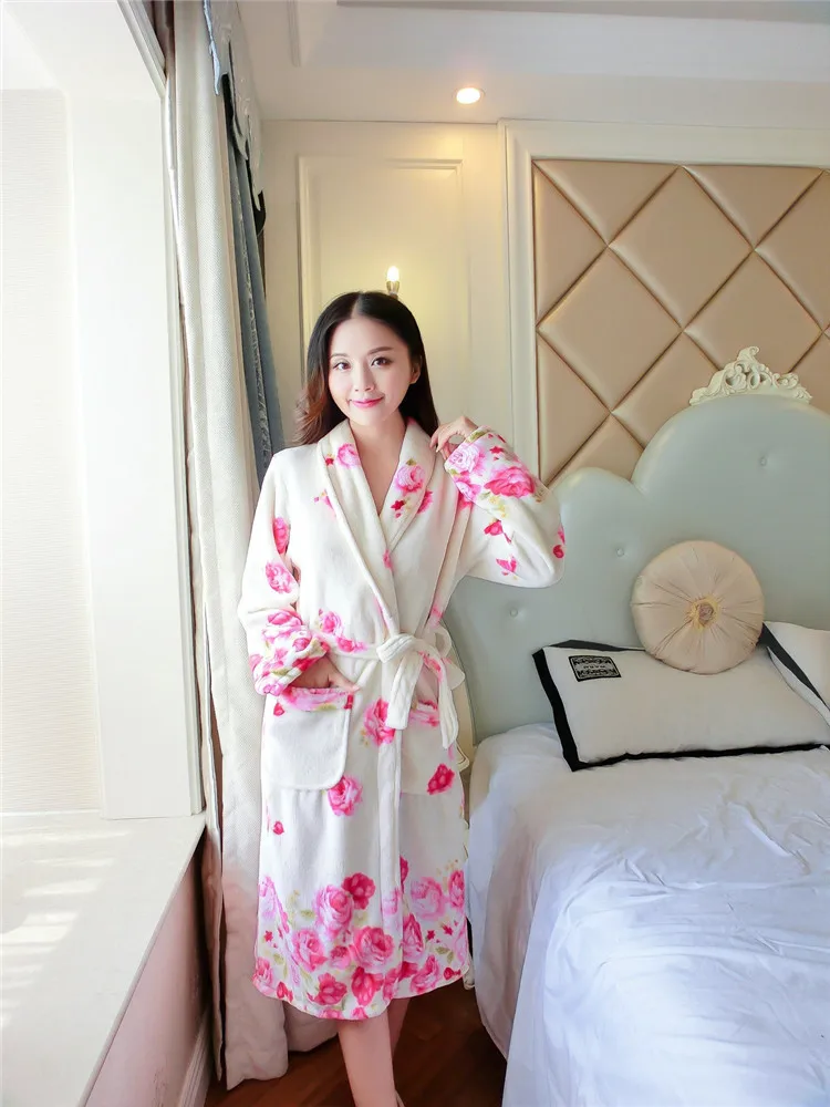 Домашний халат с v-образным вырезом Коралловое кимоно из рунной шерсти халат платье с ремнем зимняя теплая одежда для сна длинная одежда с цветочным принтом женская ночная одежда