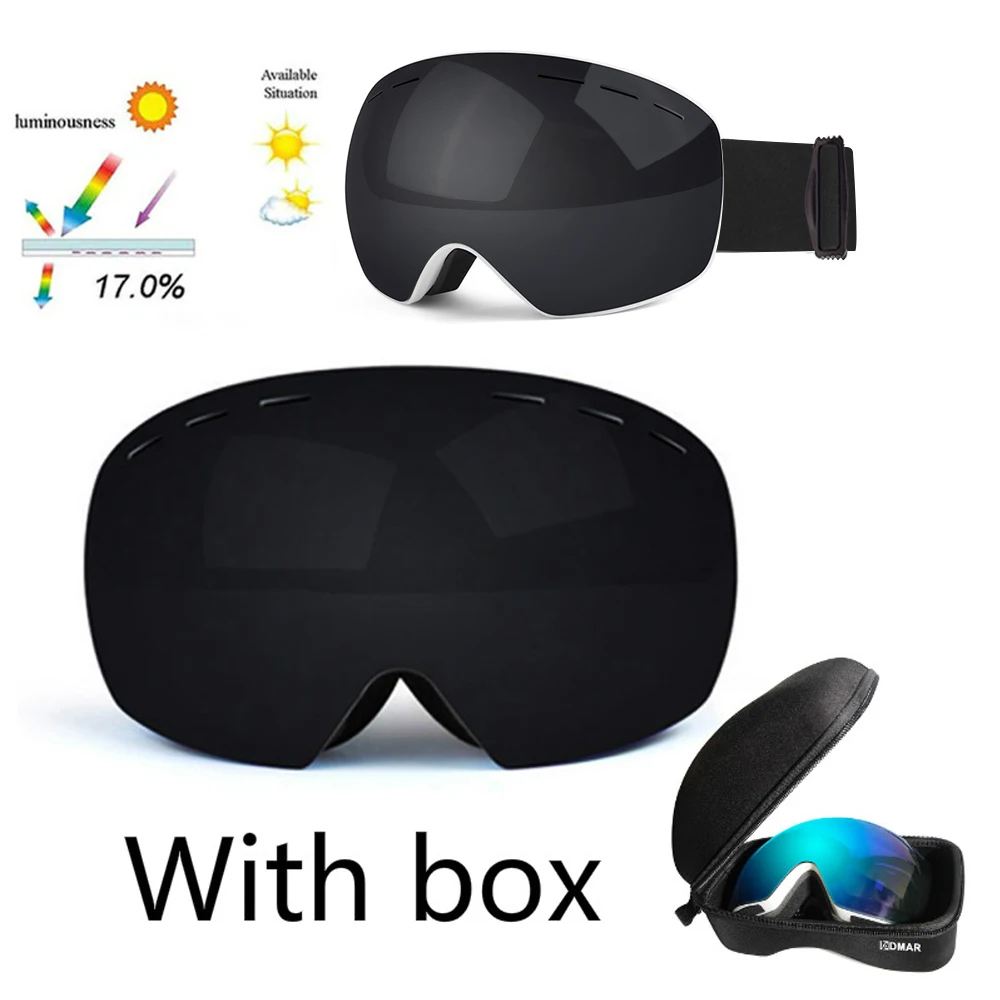 Лыжные очки UV400 сферические двухслойные противотуманные защитные согревающие большие линзы очки для мужчин и женщин сноуборд очки для катания на коньках - Цвет: Black with box