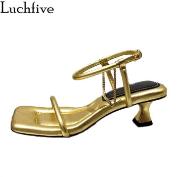 

Gold Square Open toe One Strap kitten heel Sandals Woman Metal Chain Rome Sandals Summer Bohemian Style Sexy Party Shoes Women