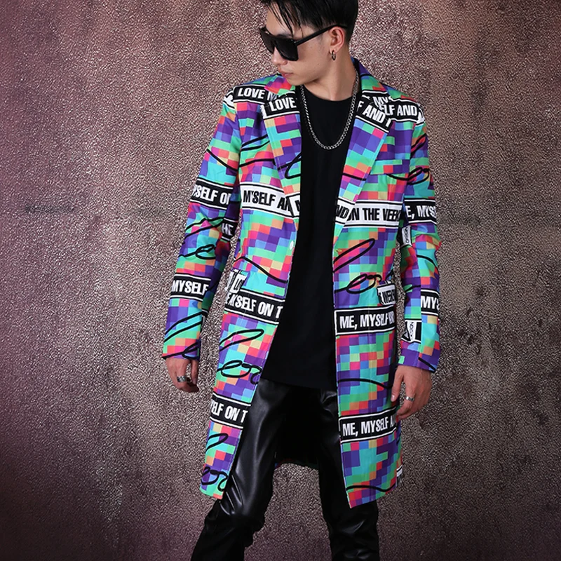 Men Personality Printing Single Button Casual Blazer Jacket Male Vintage Fashion Streetwear Hip Hop Loose Suit Coat - Цена: 