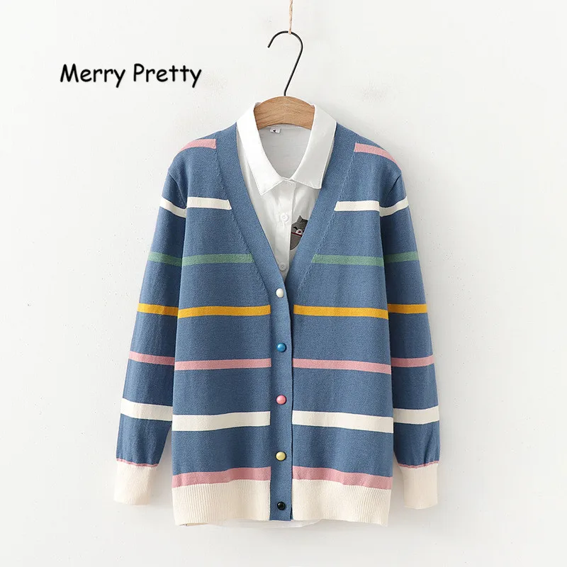 Merry Pretty, женские кардиганы и свитера, для девочек, разноцветные, радужные, в полоску, вязаные кардиганы, женские, Осень-зима, милая, вязанная верхняя одежда