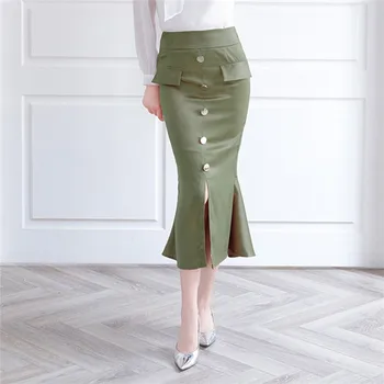 

Hot Sale Women's Silk Satin Skirt Botton Split Special Design Solid Avocado Green Pencil Skirts Button Decoration Zip Long Skirt