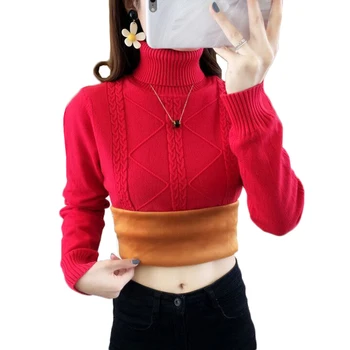 Image of Autumn Winter Women Turtleneck Sweater Pullover NEW Fashion Slim Large Size Plus Velvet Warm Knitted SweaterJumper Female Tops