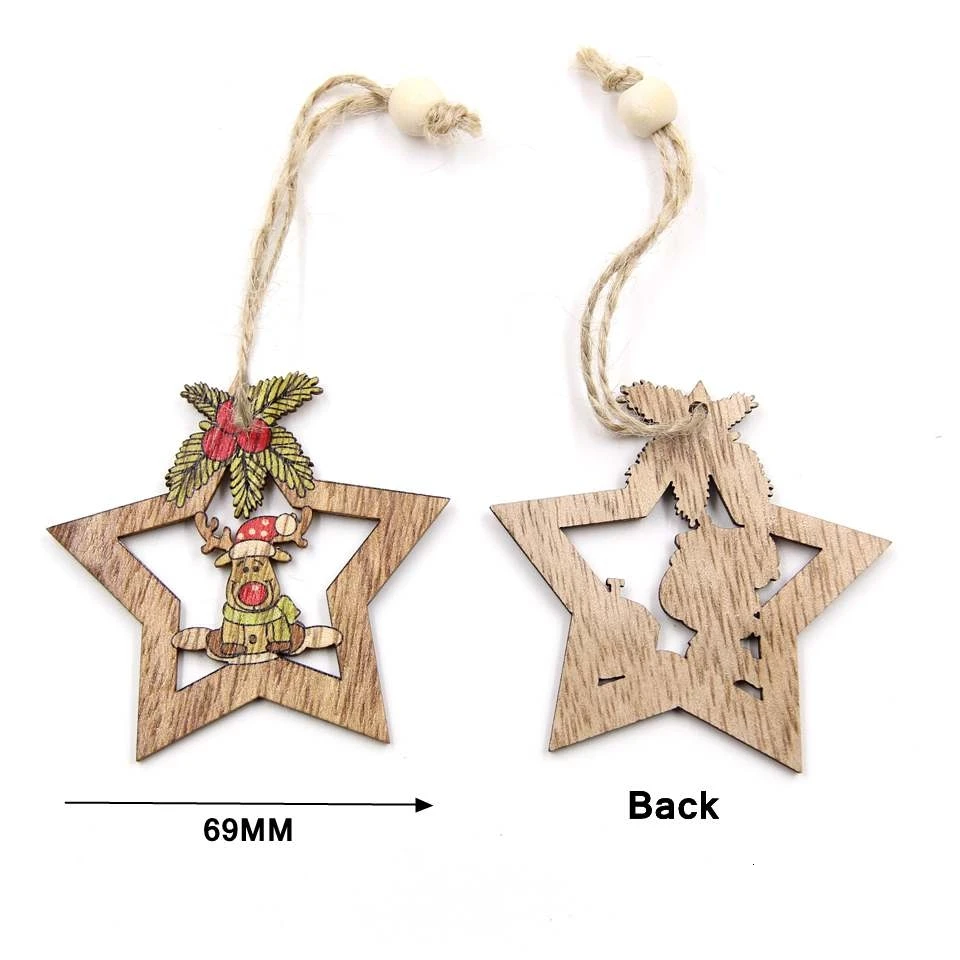 4PCS Star Printed Wooden Pendants Ornaments Xmas Tree Ornament DIY Wood Crafts Kids Gift for Home Christmas Party Decorations